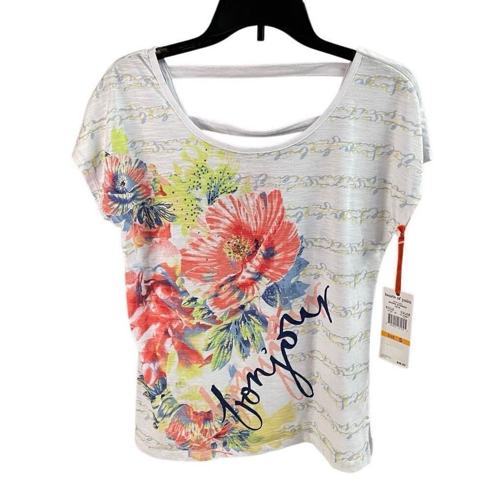 HEARTS OF PALM Womens Floral Tropical Embellished  Cottagecore Top Sz Small NWT